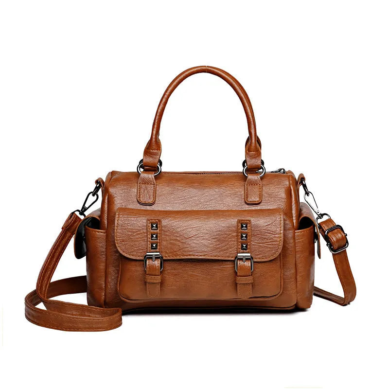 Vintage style large messenger bag in PU leather with contrast stitching, shown in a horizontal square shape.