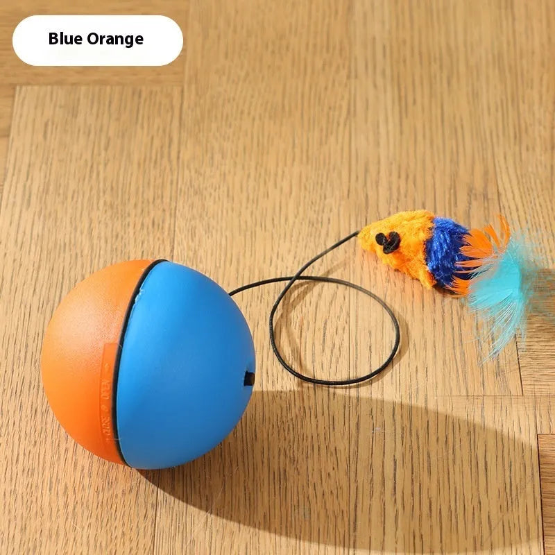 Blue orange automatic cat teaser ball with plush mouse attachment rolling on floor