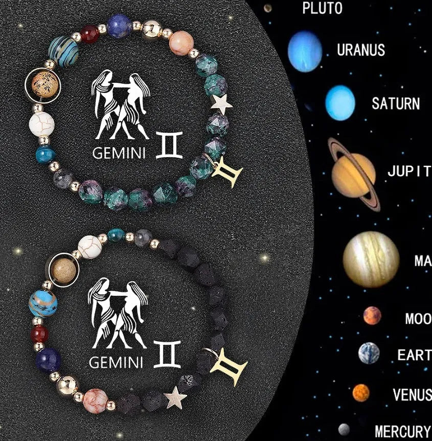 Two natural stone beaded bracelets with metal zodiac sign charms on a white background.