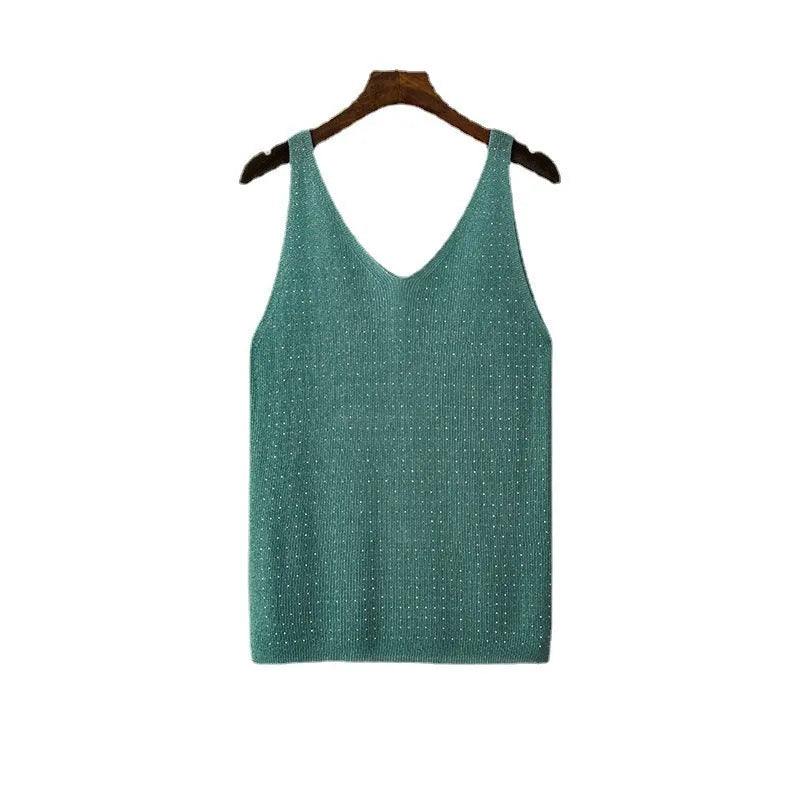 Ice silk knitted bright thread diamond-encrusted V-neck camisole in slim fit, shown in multiple colours including black, white, pink, and khaki