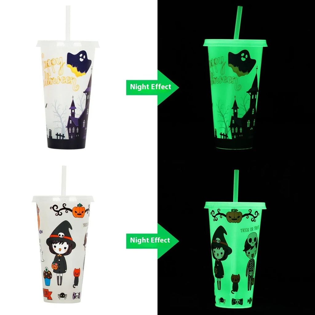 720ml Halloween themed luminous plastic straw cup with cylindrical design and 17.5cm height