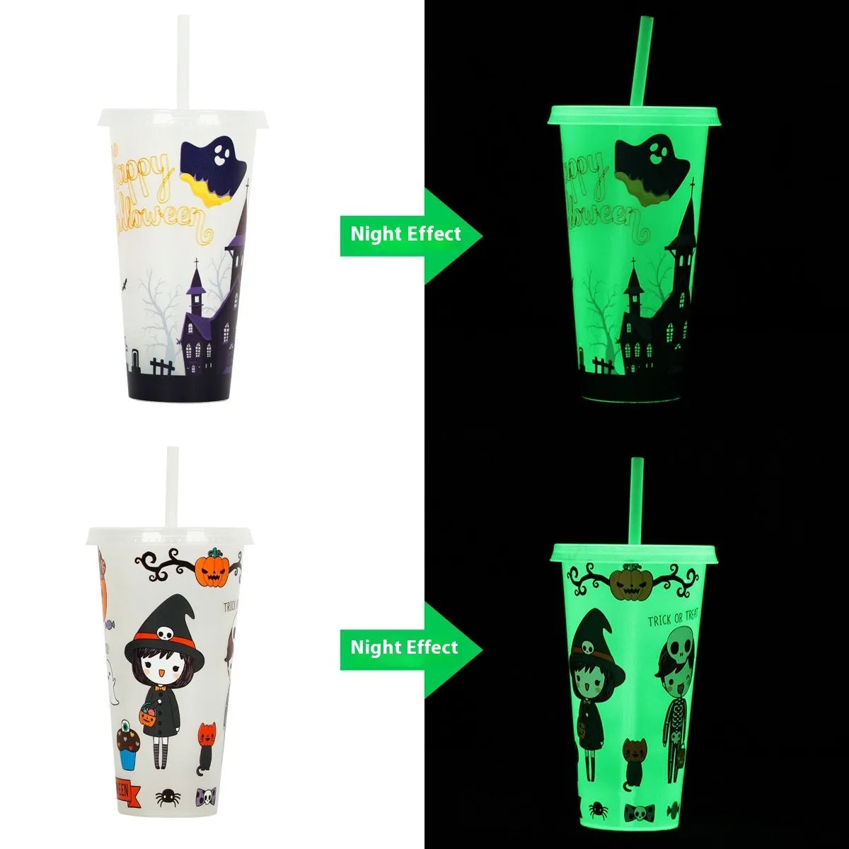 720ml Halloween themed luminous plastic straw cup with cylindrical design and 17.5cm height