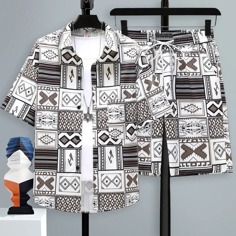 Men's grey casual polyester short sleeve top and matching shorts laid flat.