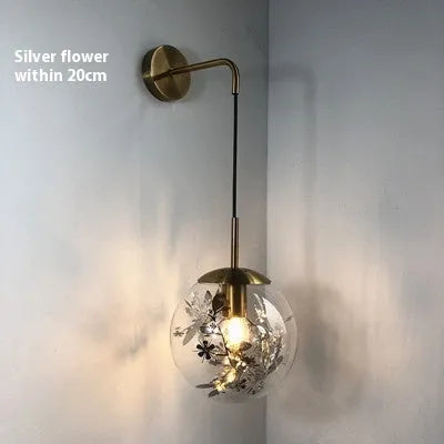Glass bedside wall lamp in golden flower or silver flower finish, 15cm or 20cm size