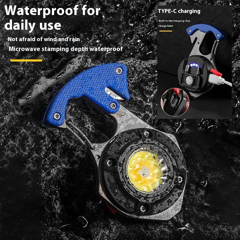 Portable multifunctional keychain flashlight with aluminium body, display screen, and window breaking hammer tip.