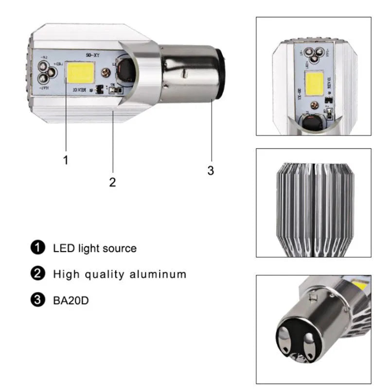 Motorcycle LED headlight with double claw H6 base and aluminium construction for 12-80V vehicles