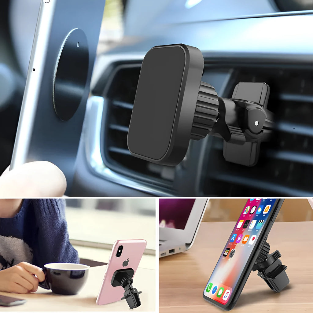 Black magnetic car phone holder attached to a car air vent, showing round and square head style options.