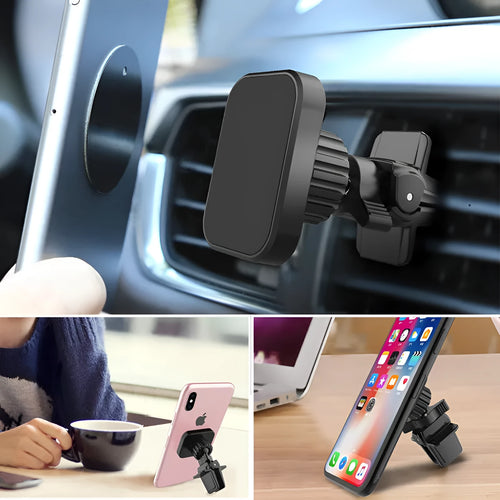 Black magnetic car phone holder attached to a car air vent, showing round and square head style options.