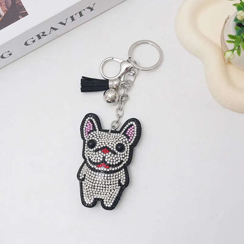 French dog rhinestone keychain with cartoon animal design, electroplated alloy construction, 5-7cm size