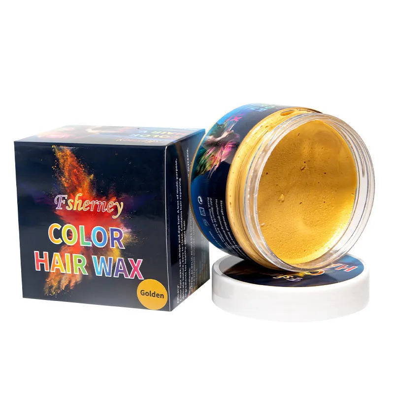 120g jar of hair styling clay showing colour options: blue, green, orange, red, white, yellow, purple, rose, granny grey.
