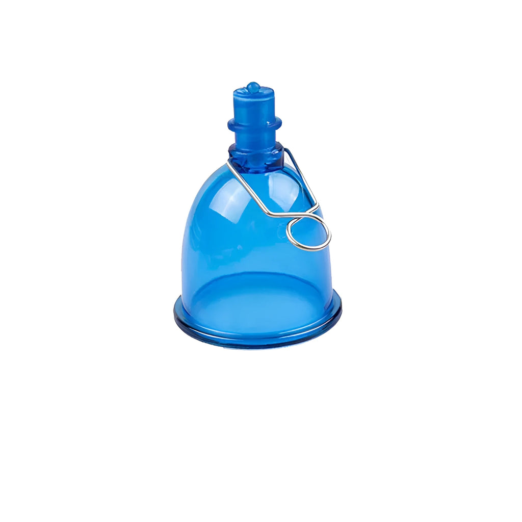 Blue silicone men's adult physical stretch exerciser showing small, medium and large cup size options