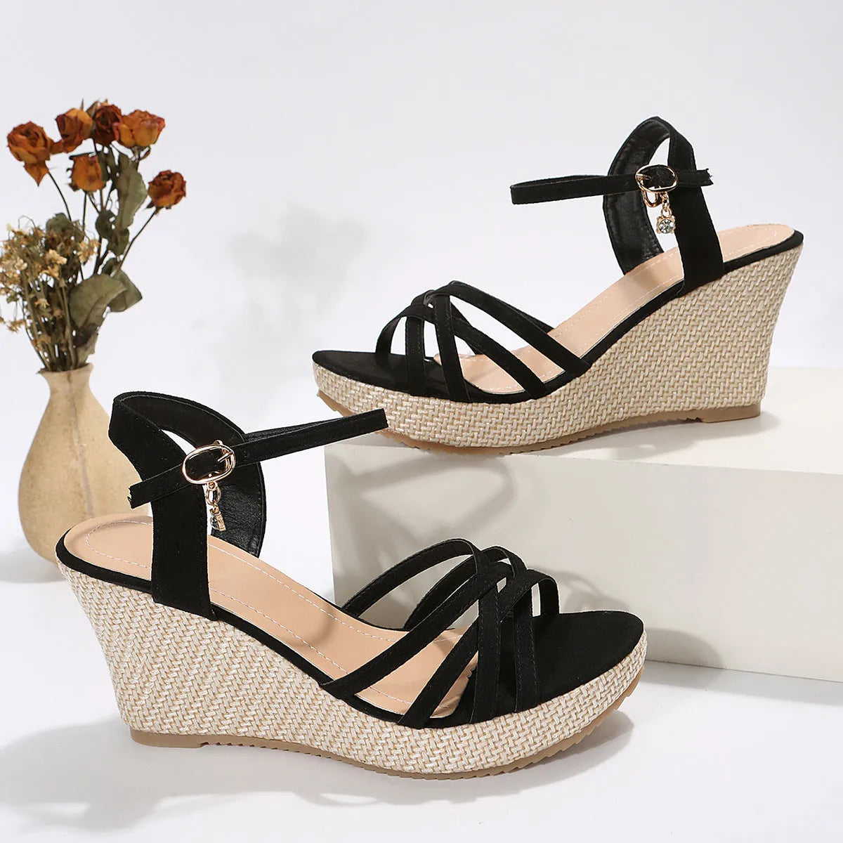 Women's wedge sandals with fish mouth toe design in black and milky white colours