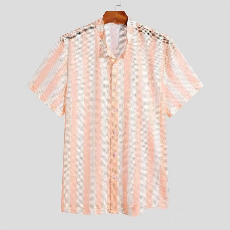 Men's pink loose-fit cardigan with a waffle texture and unique hole design detail.