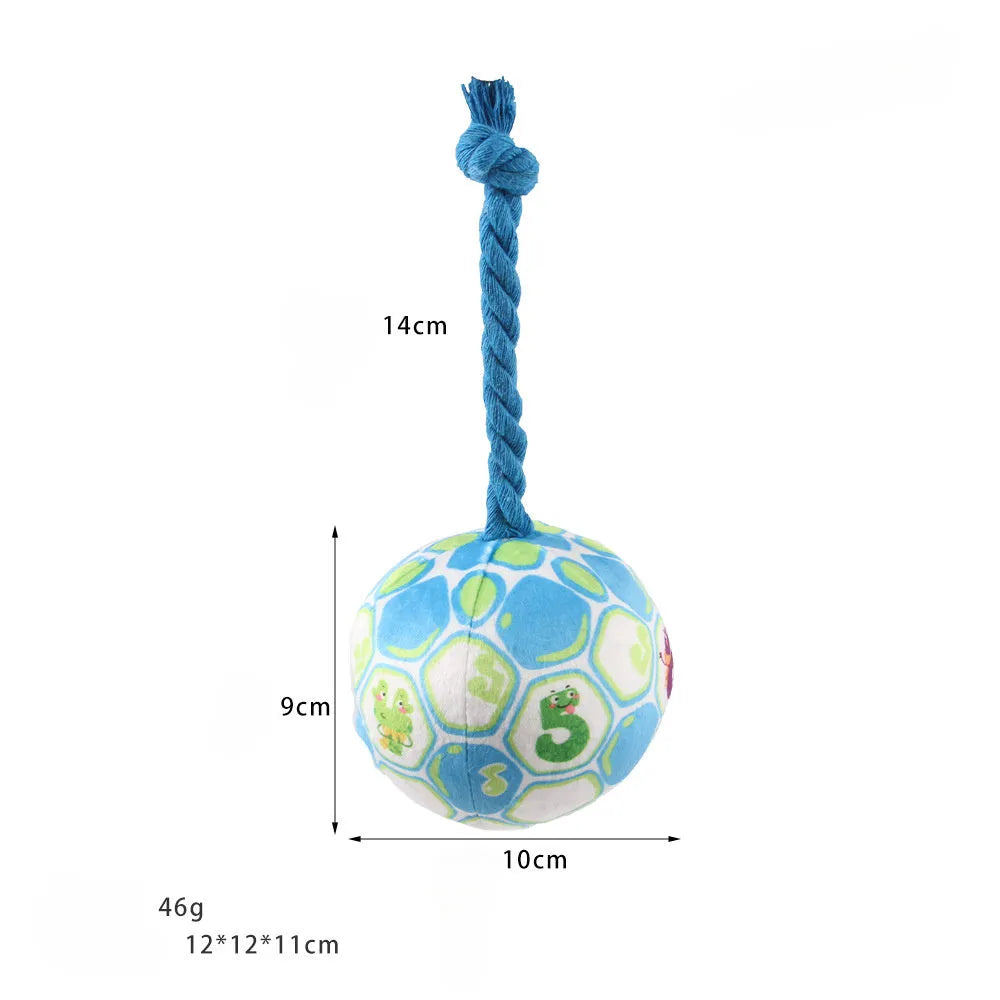 Blue and yellow elastic football dog tug toy with cotton rope construction for interactive play