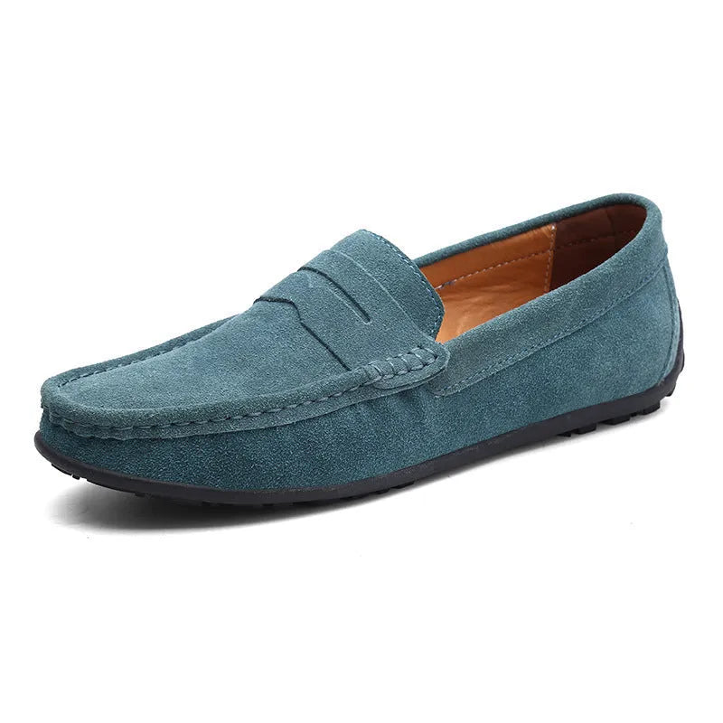 Men's brown suede casual slip-on loafers with a round toe and flat rubber sole