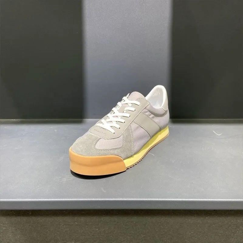 Summer men's ultra-light cow suede mesh breathable sports shoes with raised bottom and mid heel in grey side view