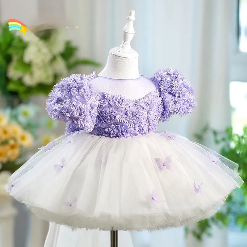 Purple girls tulle piano performance dress with sleeveless design for heights 80-160cm