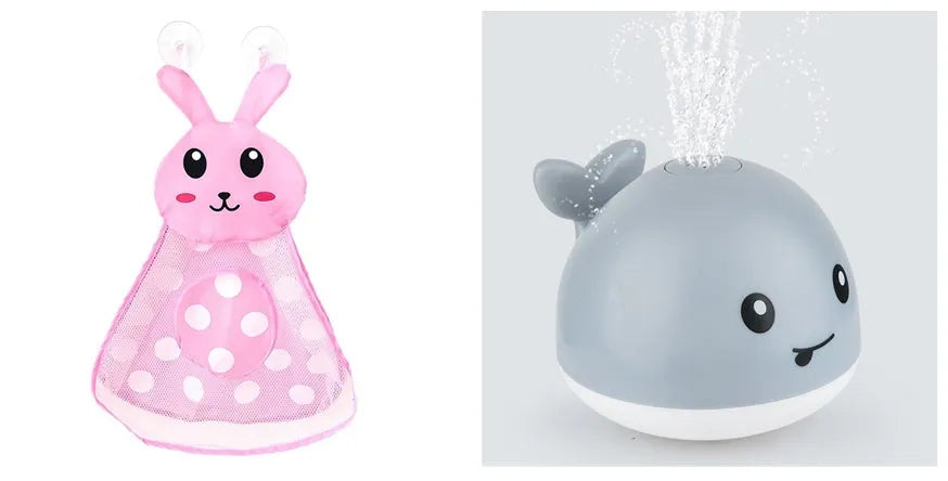 Automatic water spray whale bath toy floating in water with fountain and LED lights
