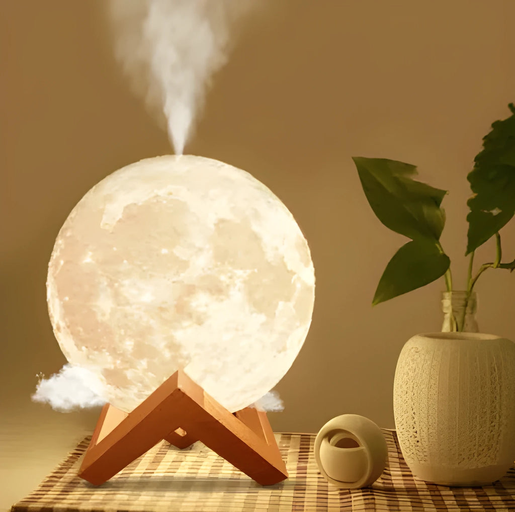 Wood grain spherical USB humidifier and night light on a table, showing its 13 cm size.