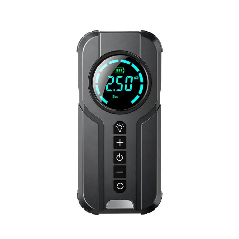 Black wireless portable car tyre air pump with 12V cable and nozzles on a grey background.