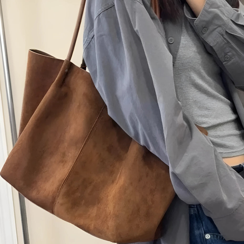 Coffee colour PU retro large capacity commuter tote bag with double straps and document pocket