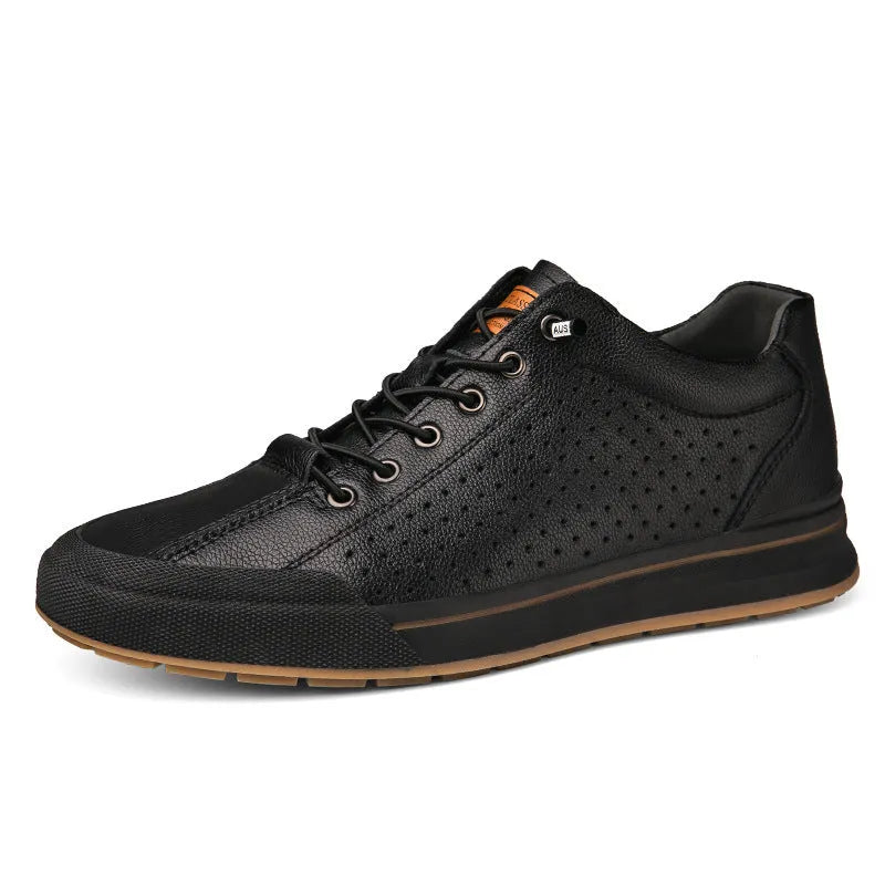 Men's white leather casual shoes with flat heel and round toe on a plain background