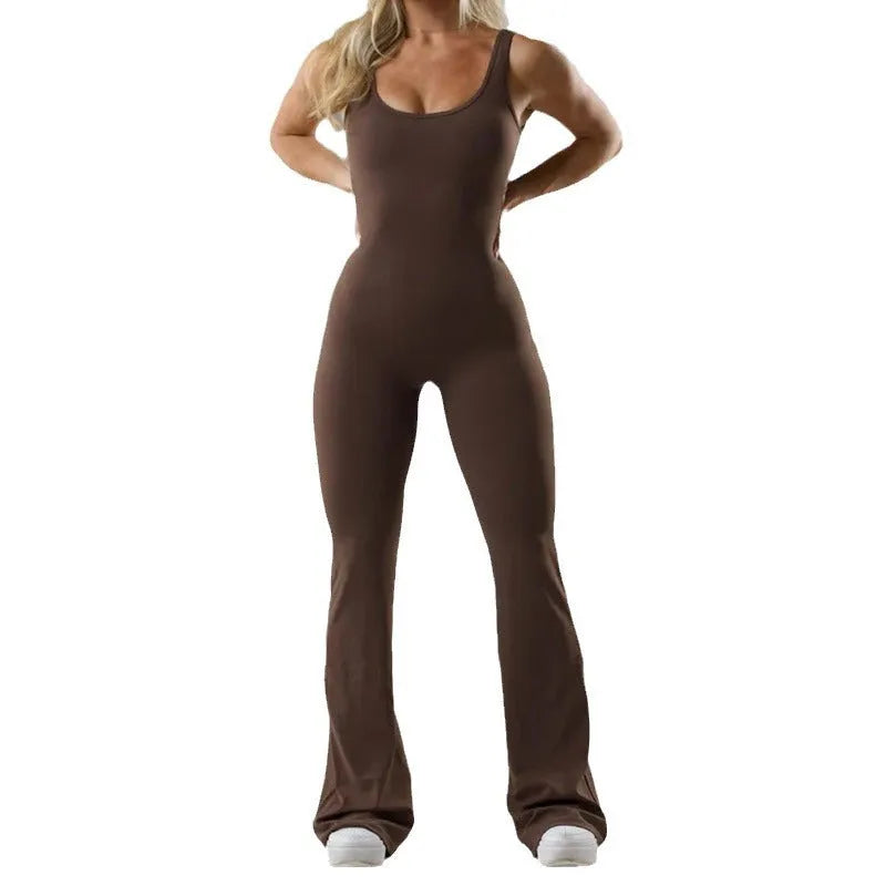 Women's black milk silk yoga bodysuit with hollow back and seamless construction on a mannequin.