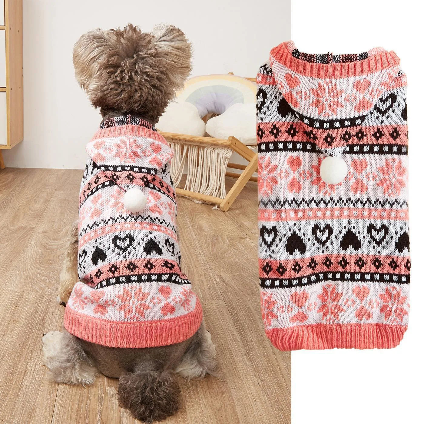 Blue striped camouflage knitted acrylic sweater on a small Bichon dog, showing snowflake and love heart patterns.