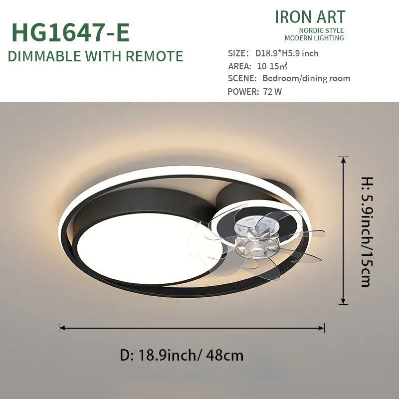 48cm Nordic style ceiling fan light with metal blades and acrylic lampshade in black finish