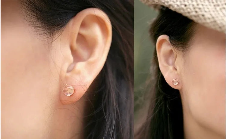 Rose gold drop stud earrings with synthetic ross quartz stone, Korean minimalist style