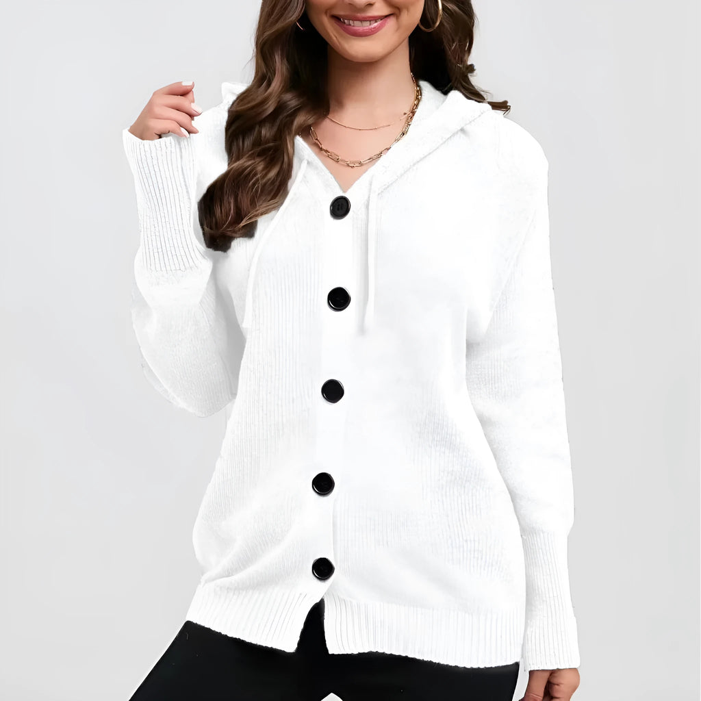 Women's solid colour thick cotton hooded cardigan sweater with 3D pattern, shown in loose fit.