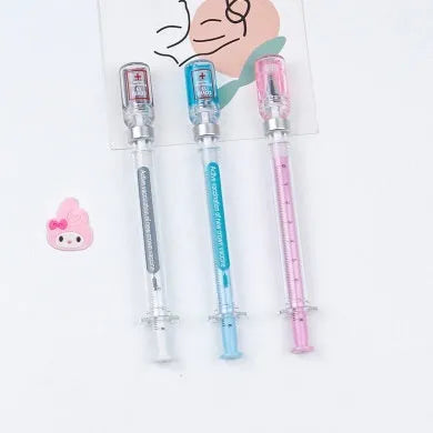 Vaccine pen design gel pen with black refill showing retractable click mechanism and 0.5mm needle tube point
