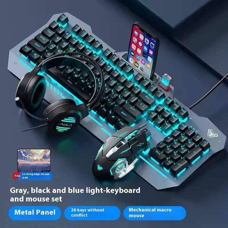 Black and white wired keyboard mouse headset bundle for desktop computer setups