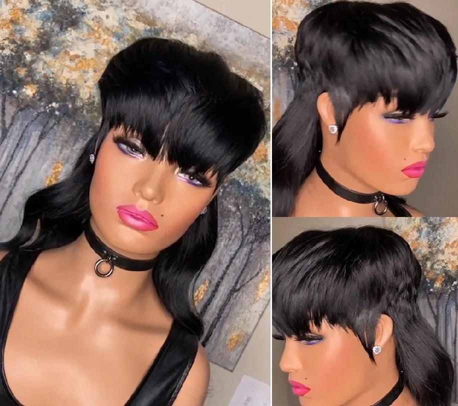 Black Brazilian wig with front bangs and layered long back styling