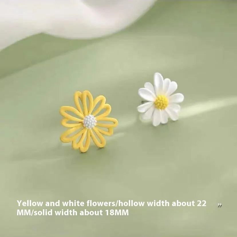 Women's alloy flower stud earrings in blue orange, white green, and yellow white two-tone colour combinations