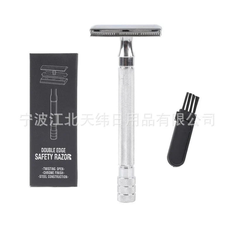 Traditional manual shaving set with safety razor, natural bristle brush and metal scraper tool