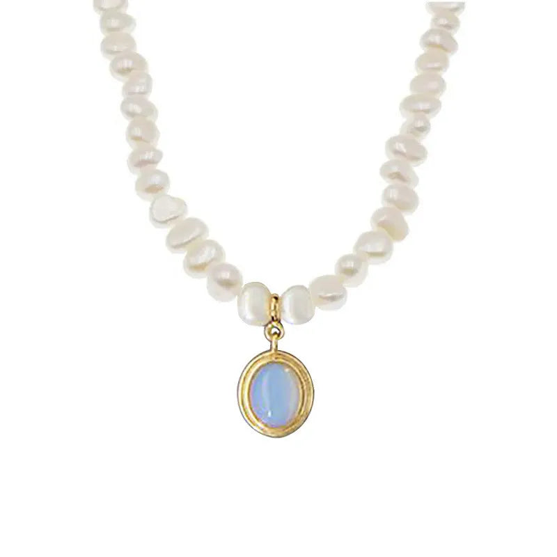 925 silver round medal pearl pendant necklace with irregular pearl geometric design on white background