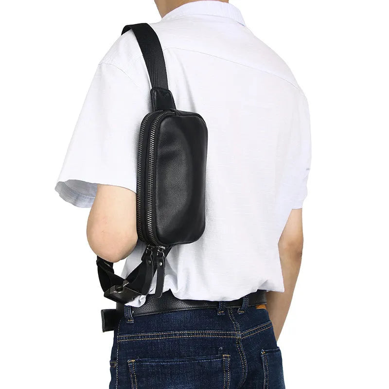 Men's small cowhide leather crossbody bag in black, brown, and light brown solid colours, 17cm x 3.5cm x 11cm