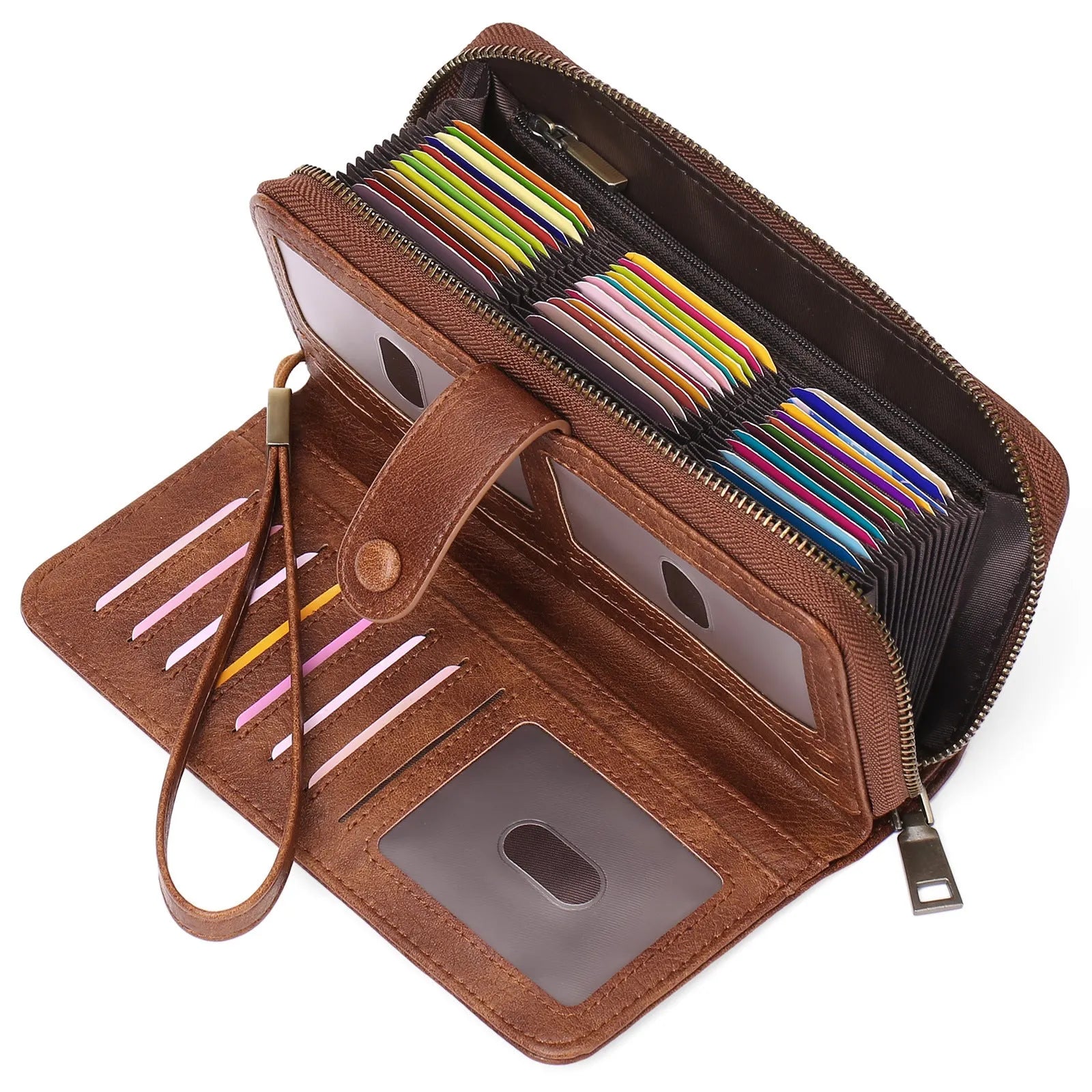 Women's long expanding card holder wallet in synthetic leather with anti-theft swiping feature