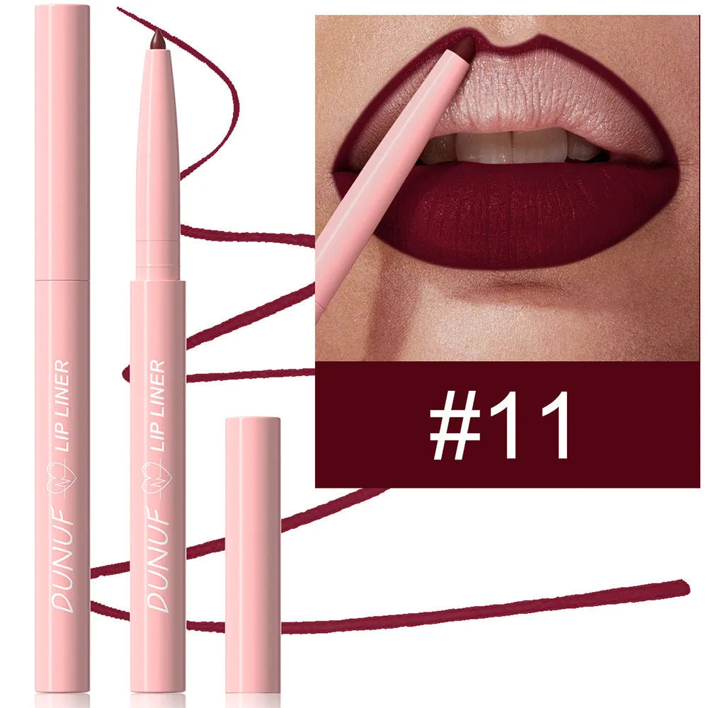 Velvet matte lip liner pencil in a choice of 12 colours for easy application.