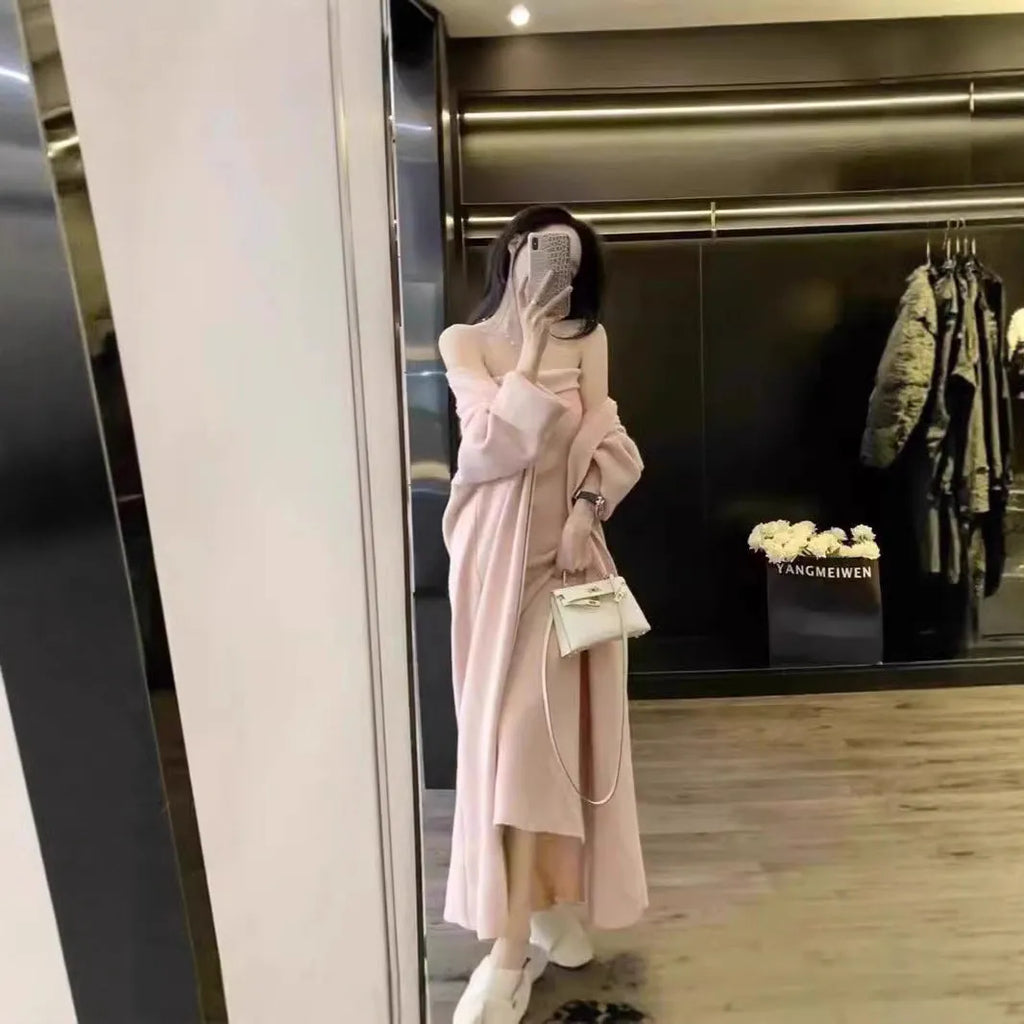 Women's grey knitted cardigan dress and coat suit set with flocking pattern detail.