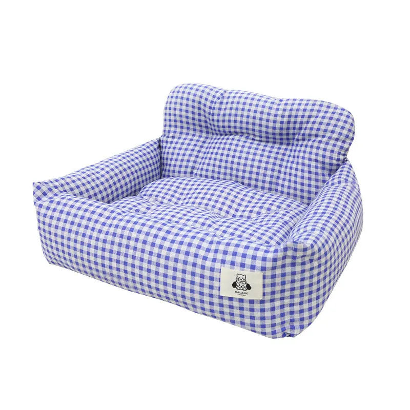 Blue plaid and grey cloth car-mounted pet travel nests shown in small and large sizes