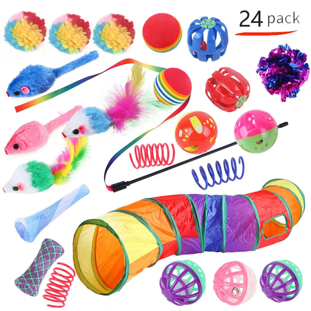 Plastic cat toy channel maze set with coloured accessories for feline play