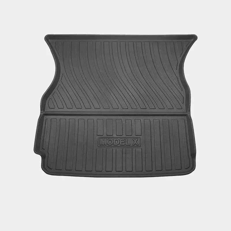 Rubber floor mat set for Tesla Model X showing foot pads and tailbox cushion for interior protection