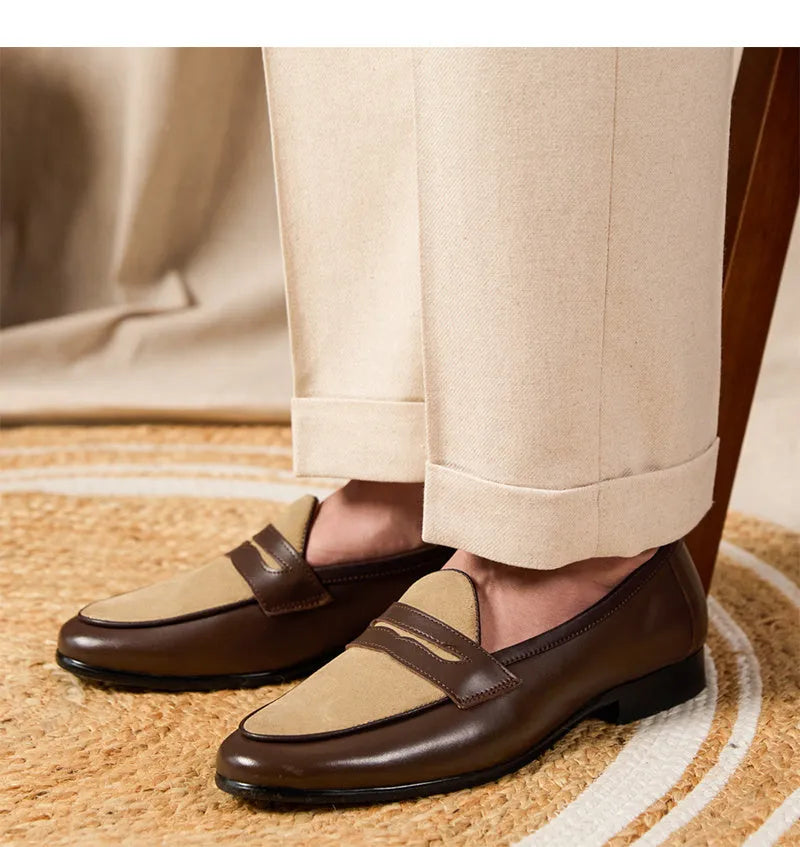 Brown suede leather loafers with high-gloss finish and stitched construction