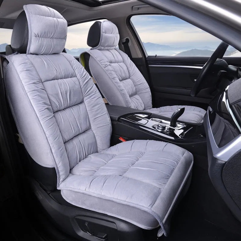 Winter short plush car seat cushion set in grey, showing wool cotton filler and polyester cover.