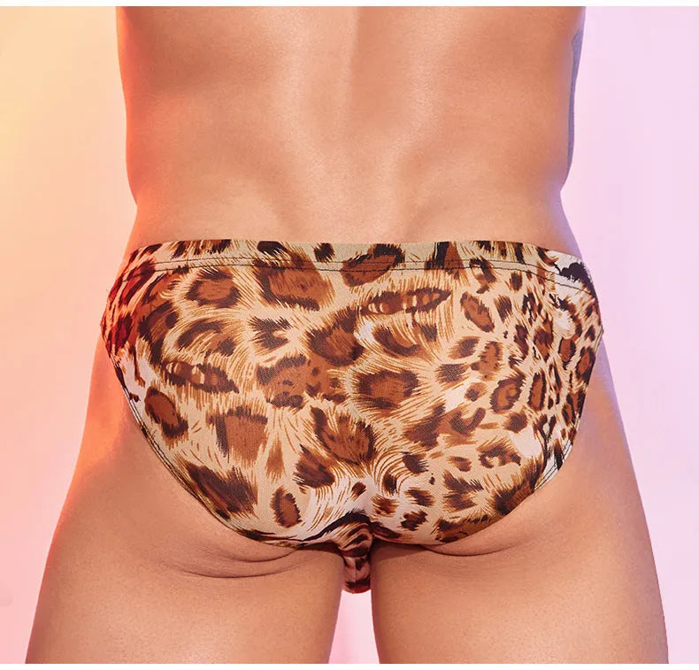 Men's leopard print low waist panties with elastic waistband, free size nylon underwear