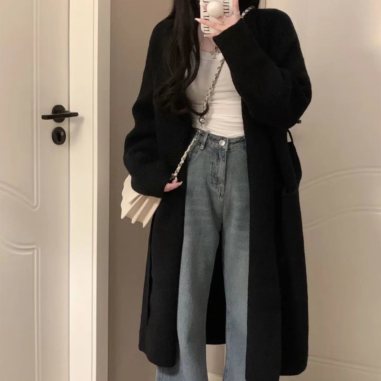 Women's loose large knitted chenille cardigan sweater with 3D pattern in dark grey colour