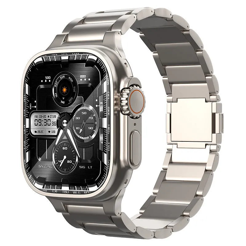 Titanium alloy magnetic snap watch strap for Apple Watch in silver colour on a wrist