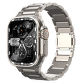 Titanium alloy magnetic snap watch strap for Apple Watch in silver colour on a wrist